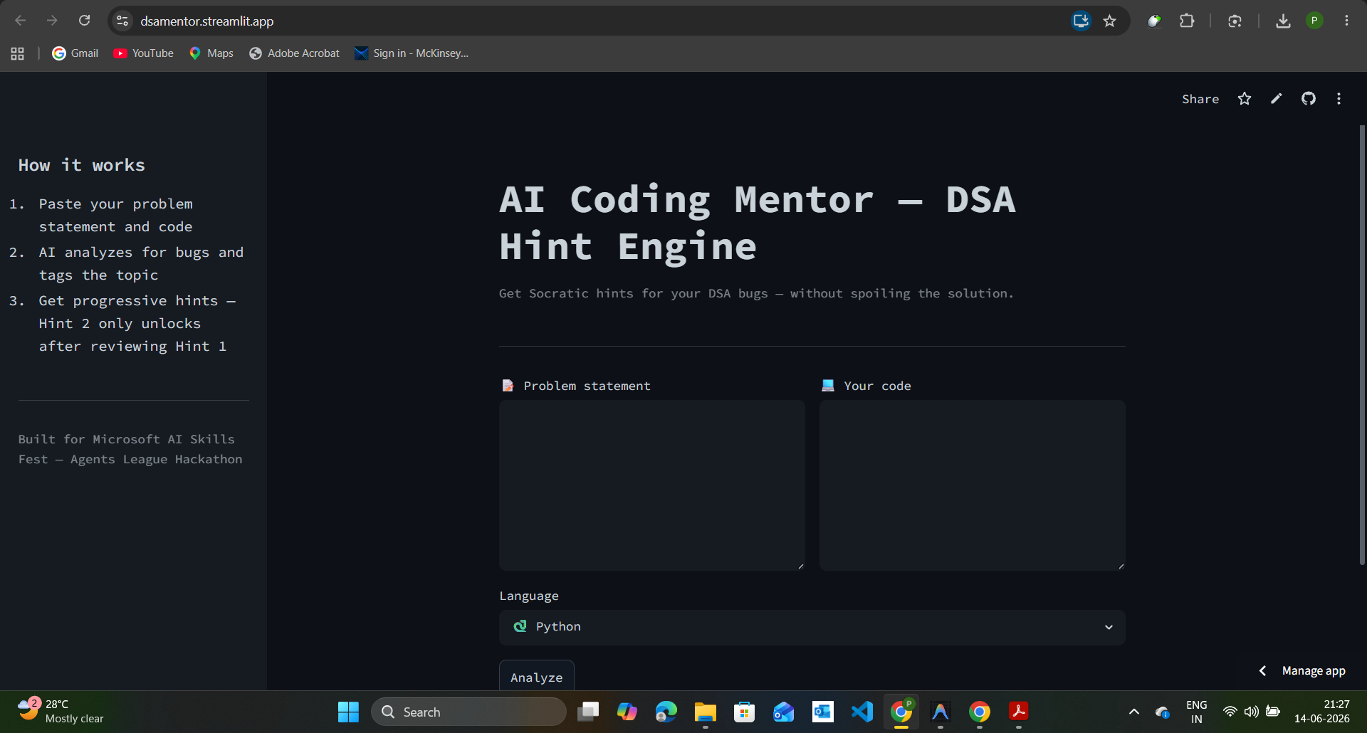 AI Coding Mentor dashboard screenshot